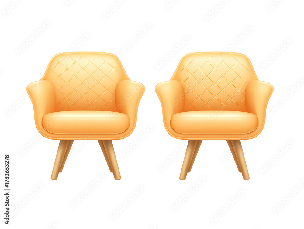 Fototapeta premium Two modern yellow armchairs with quilted upholstery and wooden legs, placed side by side, create cozy and inviting seating arrangement for living room or lounge interior design