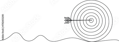 Minimalist Continuous Line Art of Target and Arrow Hitting Bullseye