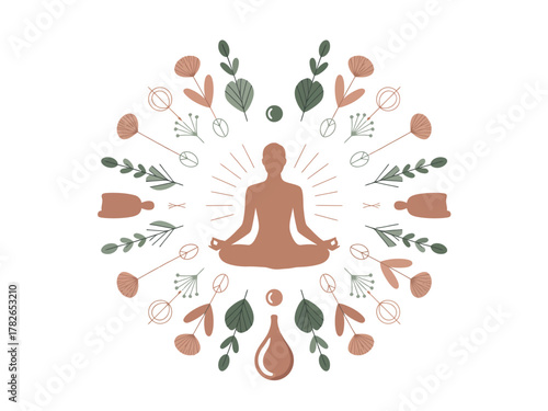 A person meditates in a calming circle of botanical elements, symbolizing inner peace and well-being.