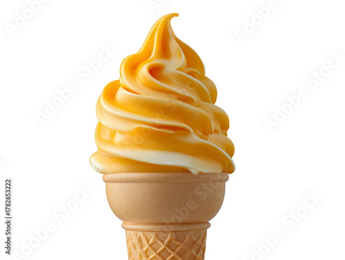 Swirled vanilla and mango soft serve ice cream in waffle cone, isolated on transparency background, creamy texture, refreshing and sweet dessert, perfect for summer enjoyment