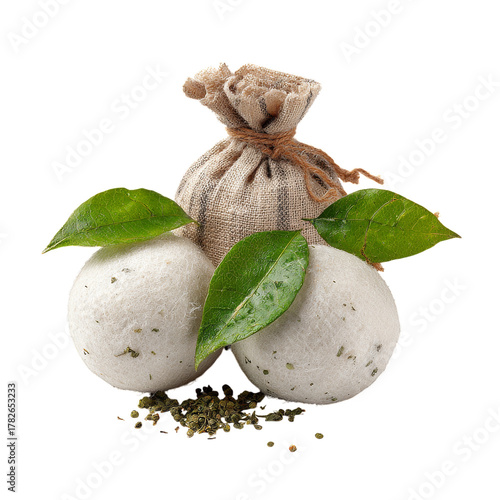 Natural Bath Bombs and Herbal Sachet With Green Leaves on Plain Background