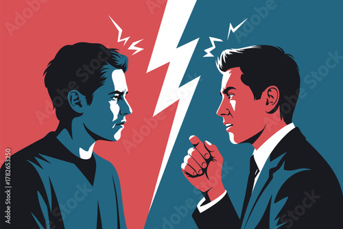 Two men in profile face each other across a dramatic red and blue divide, with lightning bolts suggesting conflict.