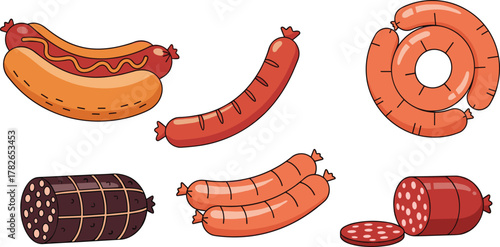Sausage, hot dog, salami, processed meat, smoked sausage, grilled sausage, food illustration, meat products, culinary, butcher, barbecue, picnic, fast food, deli, protein, cuisine, tasty