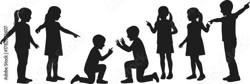 Silhouette children confrontation illustration, group dynamics, bullying, peer pressure, social conflict, pointing fingers, kneeling figures, childhood psychology, education, awareness design