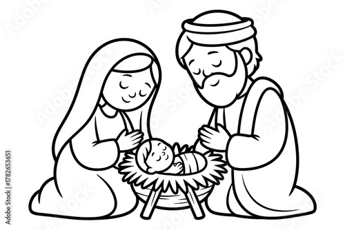 The holy family of Mary, Joseph, and the infant Jesus in a manger, celebrating the Christmas story.