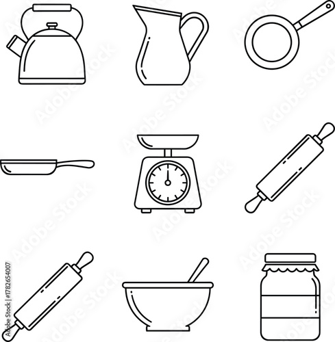 Outline Kitchen and Cooking Utensils Icon Set Vector, Black and White Culinary Equipment Line Art Collection