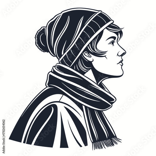 Stylized Profile of Woman in Beanie and Scarf Black and White Art head face