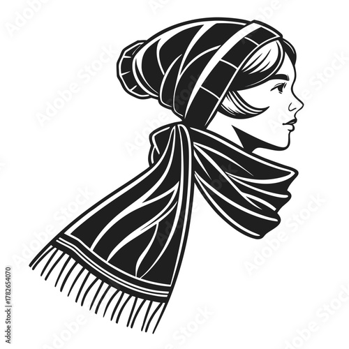 Profile Silhouette of Woman Wearing Beanie and Scarf Black and White head face