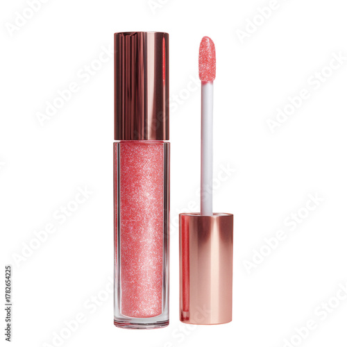 Glossy Pink Lip Gloss With a Shimmering Finish on a White Background