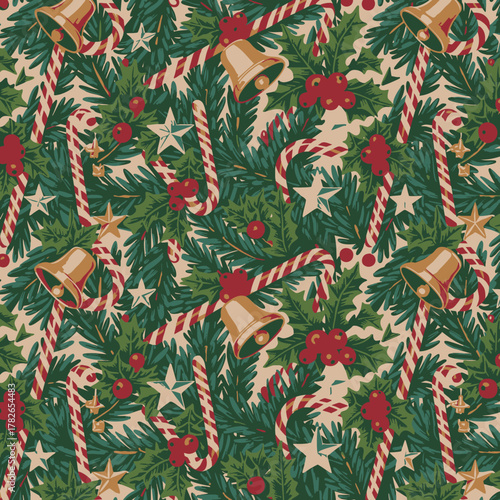 Christmas camo with candy stripes, bells, stars & holly. Perfect for shirts, holiday apparel, fabric, prints, décor and seasonal gifts.