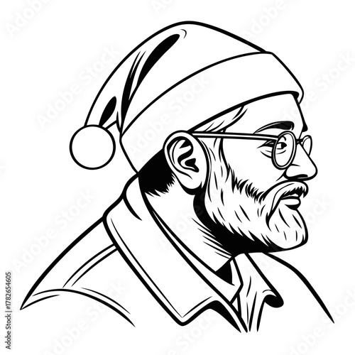 Profile Illustration of a Bearded Man Wearing a Santa Hat and Glasses Keywords: man, bearded