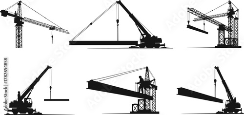 Construction cranes silhouette, tower crane, mobile crane, workers lifting beams, black and white illustration, industrial site, engineering, building, teamwork, industry