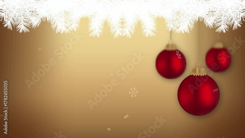 Festive animated video with glowing golden background White pine branches Red Christmas ornaments hang from above. Gentle motion creates warm holiday feel with copy space for custom text. Winter mood.