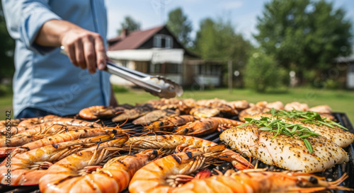 Juicy shrimp and seasoned fish sizzling on the grill for a delicious summer barbecue in the backyard with family and friends
