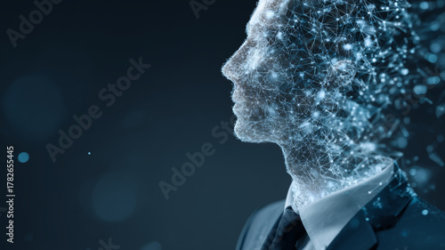 Man in suit with digital network overlay showing concept of artificial intelligence and technology