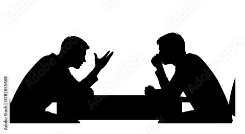 Two male silhouettes sit at a table, one gesturing dynamically while the other listens intently