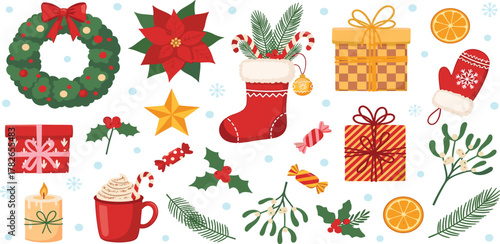 Festive Christmas Decorations and Gifts Featuring a Wreath, Stocking, Presents, and Ornaments