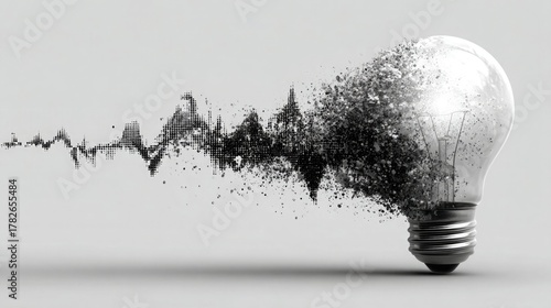 Black and white vector of a lightbulb merging into a graph, on pure white background. Represents creative solutions, growth, and analytical innovation in business.