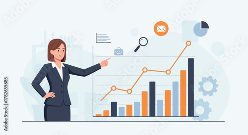 Professional woman pointing to an upward trending graph and business icons like mail, search, gears