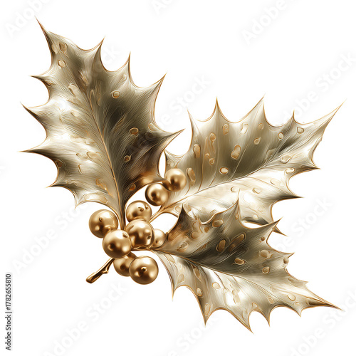 Golden Holly Leaves With Berries Shining in Soft Light for Festive Decoration