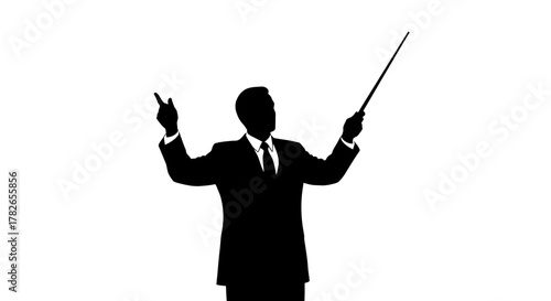 Black silhouette of a man in a suit, pointing with one hand and holding a baton in the other