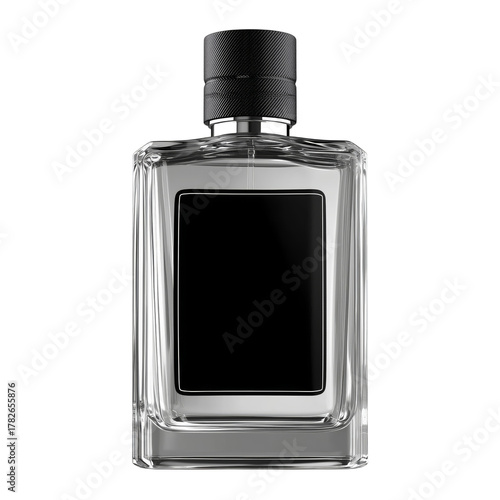 Luxury Clear Glass Fragrance Bottle With Black Cap and Label on a White Backg...