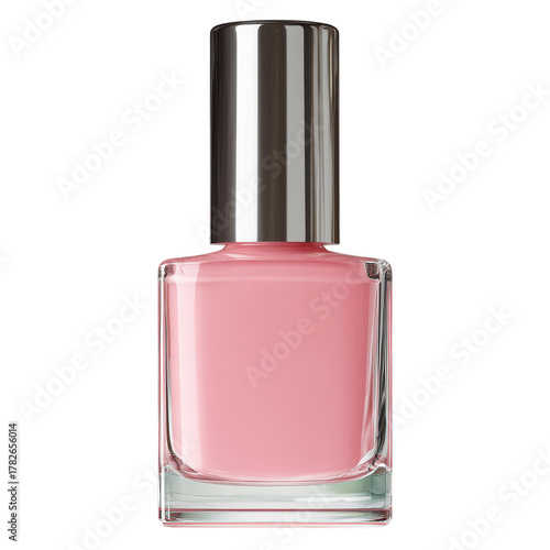 Shiny Pink Nail Polish in a Glass Bottle With Silver Cap on a White Background