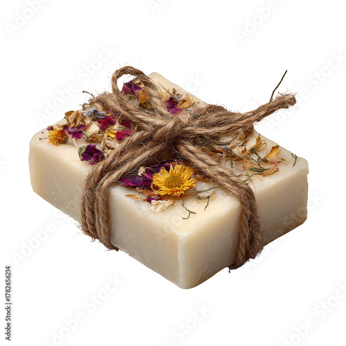 Natural Herbal Soap With Dried Flowers on a White Background Displayed in Detail