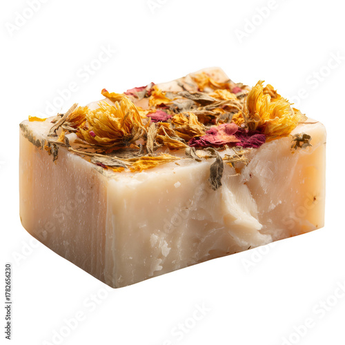 Natural Handmade Soap With Dried Flowers Placed Elegantly on a White Surface