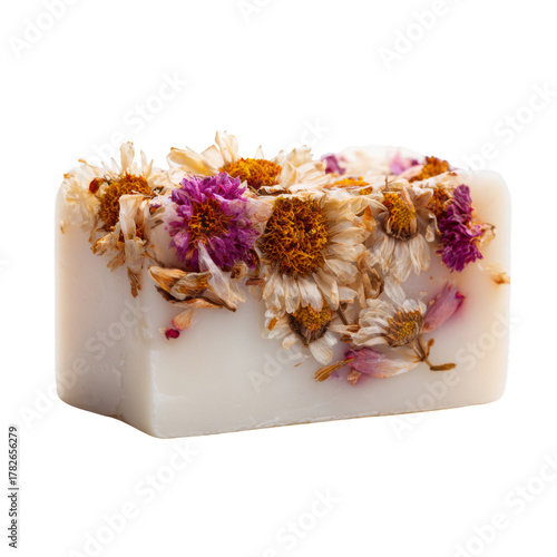 Natural Handmade Soap With Dried Flowers Placed Elegantly on a White Surface