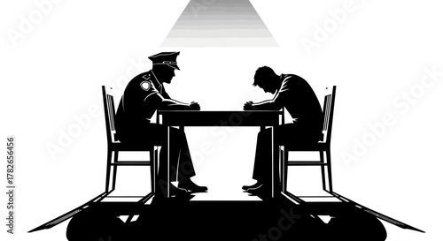 Silhouette of a police officer interviewing a man under a spotlight in a stark, high-contrast scene