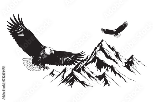 Black and white illustration of bald eagles soaring over jagged mountain peaks bird flying