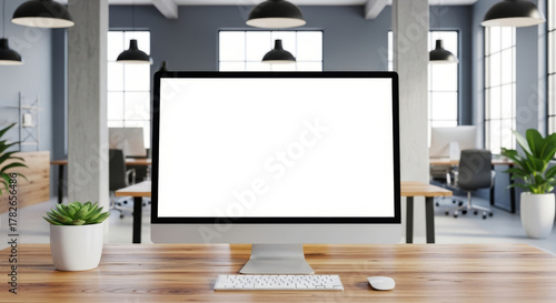 Professional computer workstation mockup offers bright screen and workspace for innovative business presentations