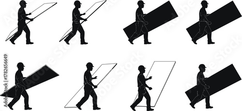 Construction worker silhouette, carrying panels, manual labor, safety helmet, black and white illustration, industrial site, heavy load, strength, building, industry