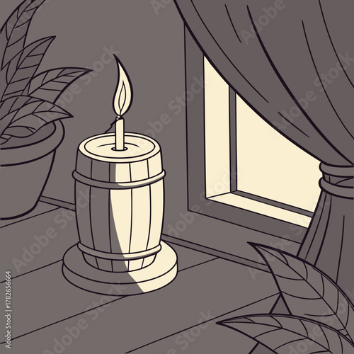A candle on a barrelshaped stand near a window in a room