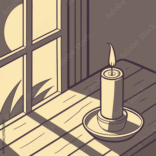 A candle on a saucer on a wooden table near a window in a room