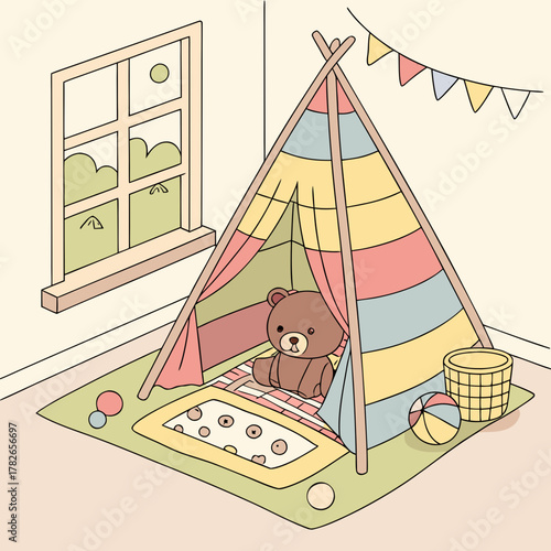 A cozy playroom with a teddy bear in a colorful teepee tent indoors