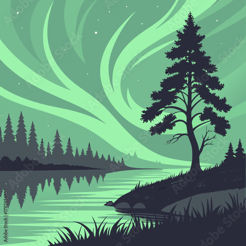 A solitary tree stands by a lake under the mesmerizing aurora borealis