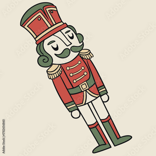 A toy soldier with closed eyes in red and green uniform on beige background