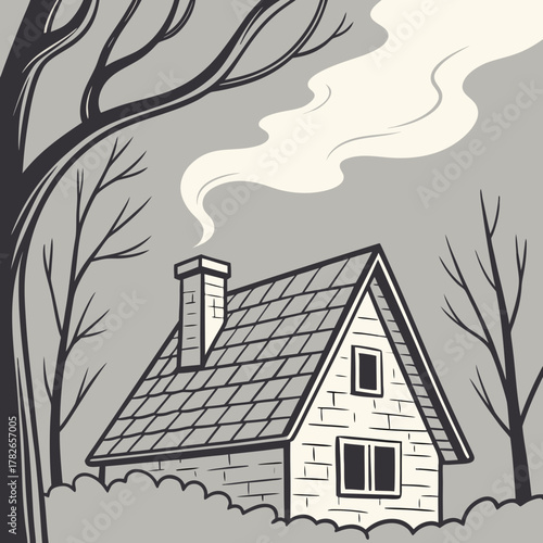 Illustration of a cozy house in winter with smoke coming from the chimney