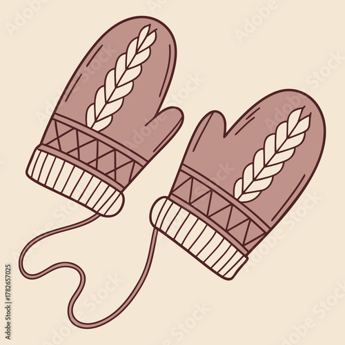 Illustration of a pair of knitted mittens with string, perfect for winter season