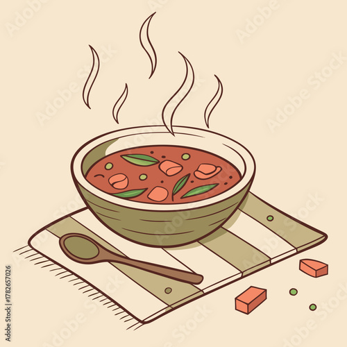 Illustration of a bowl of hot soup with steam and a spoon on a napkin