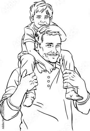 Father carrying son on shoulders black and white line drawing