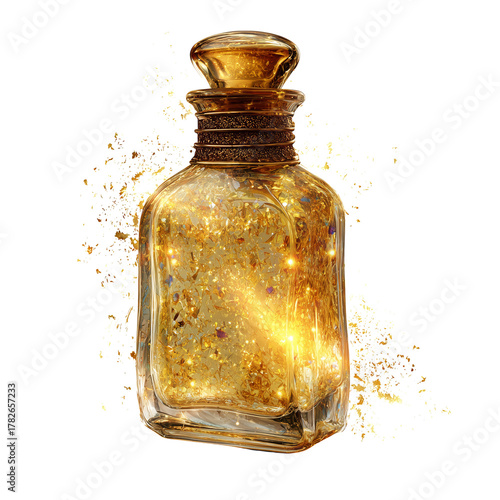 Unique Glass Bottle Filled With Shimmering Golden Glitter on a Light Background