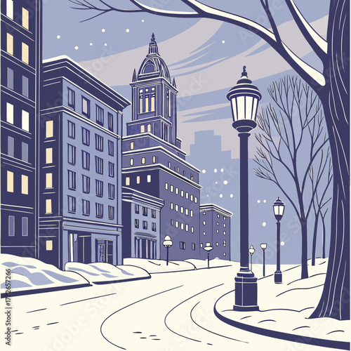 Snowy winter cityscape with tall buildings and street lamps in blue hues