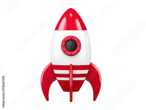 Fototapeta Naklejka Na Ścianę i Meble -  Red and white rocket ship with round window, isolated on transparent background, playful and futuristic design, evokes excitement and adventure for children and space enthusiasts