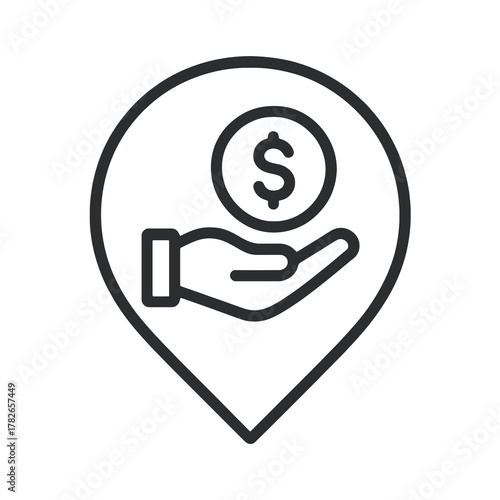 Black hand holding coin icon inside a circular pin, symbolizing cash flow and liquidity. Perfect for finance, banking, and treasury dashboards.