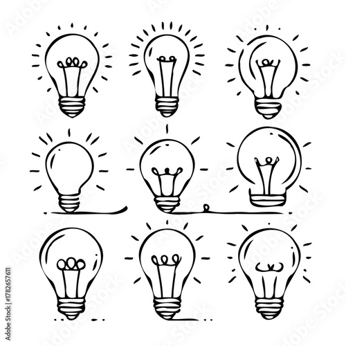 Minimalist Black And White Glowing Light Bulbs Collection, Symbol Bright Idea Lightbulb Line art. Illustration Energy power electricity Outline illumination Hand Drawn Doodle Simple icons drawing