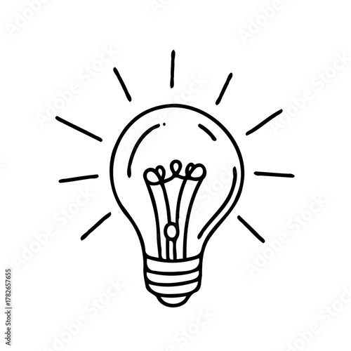 Minimalist Black And White Glowing Light Bulbs Collection, Symbol Bright Idea Lightbulb Line art. Illustration Energy power electricity Outline illumination Hand Drawn Doodle Simple icons drawing