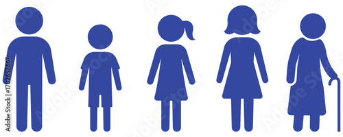  Stickman family generations silhouette, Human age evolution icons from child to elder, Minimal people pictogram representing family members